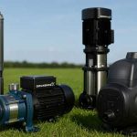 Berbagai jenis pompa Grundfos — submersible, sentrifugal, booster, dan multistage — ditampilkan di atas rumput hijau dengan latar langit biru