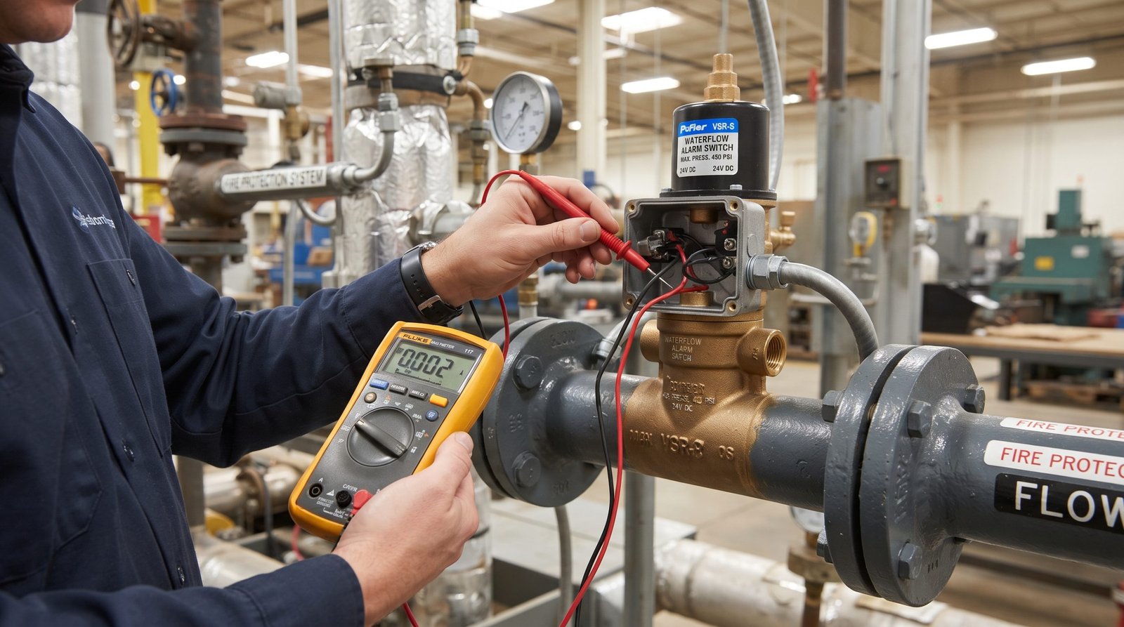 Pemasangan water flow switch pada instalasi pipa dan mesin pompa air